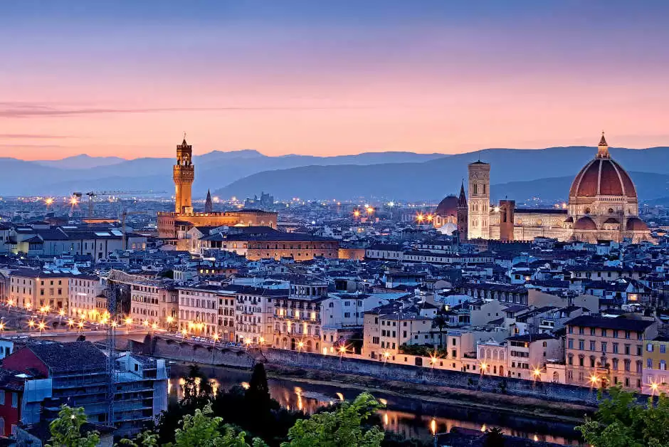 Panoramic view of the Tuscan landscape at sunset near Villa I Barronci